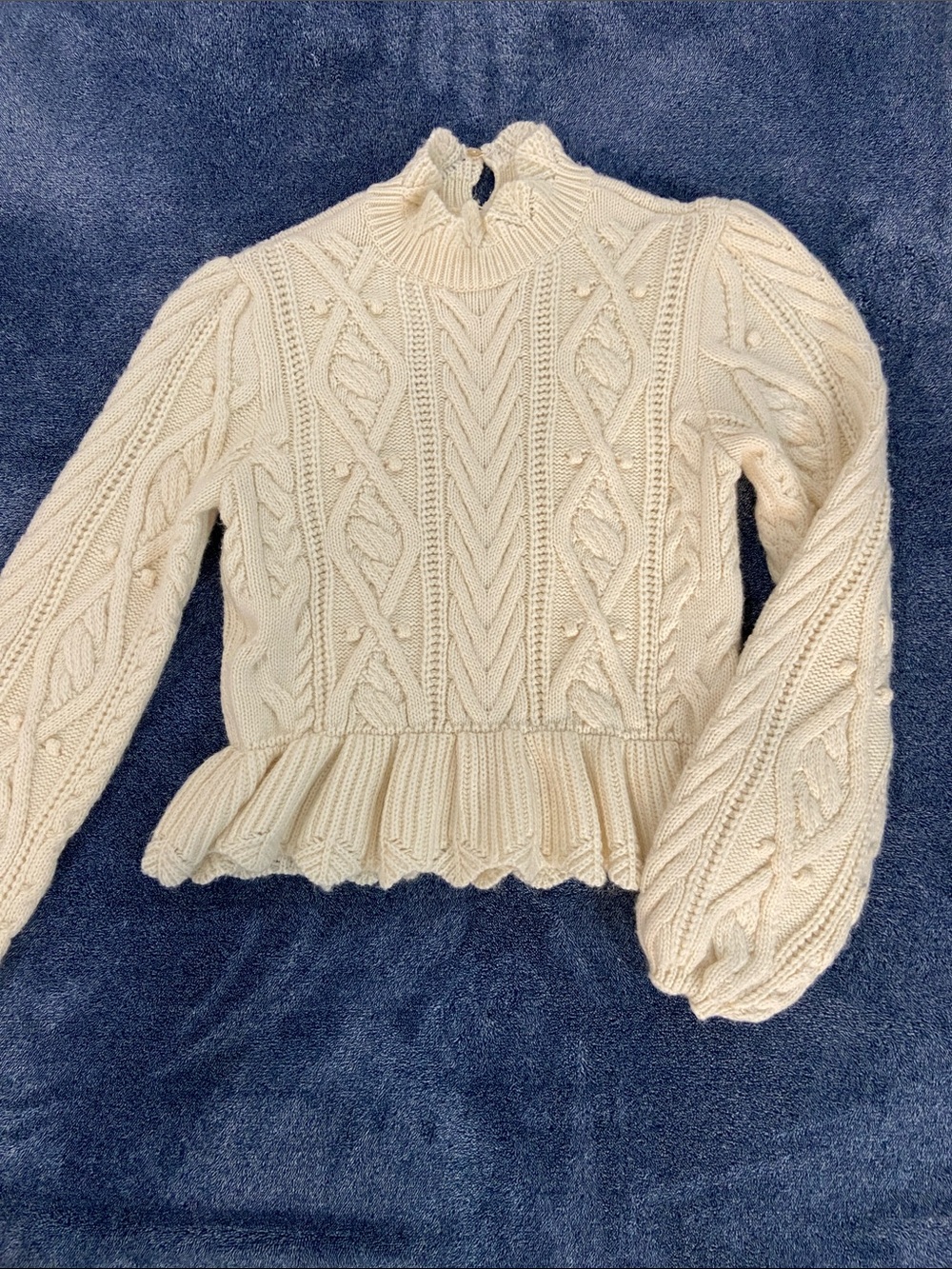 Zara Cream Cable Knit Peplum Turtleneck Sweater